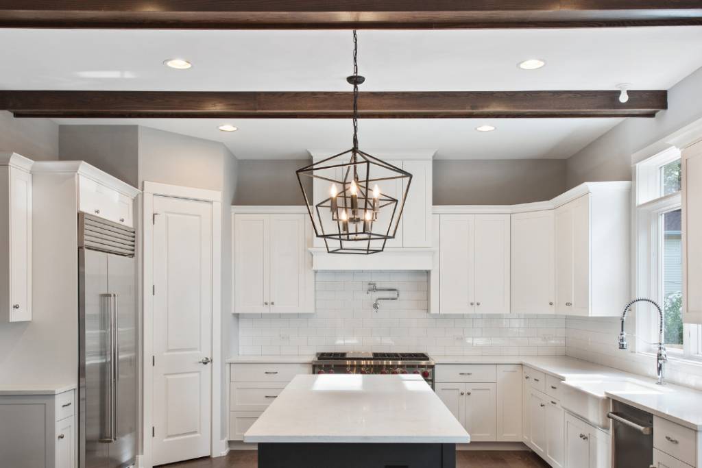 wood ceiling products with exposed beams in kitchen