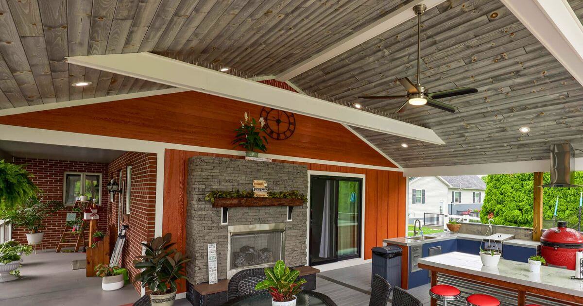 whitewash pine tongue and groove covered porch ceiling